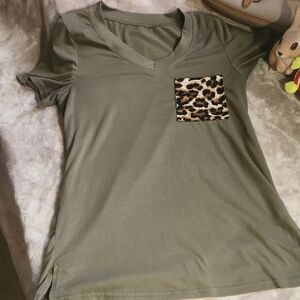 Olive Green V-Neck Top with Leopard Print Pocket